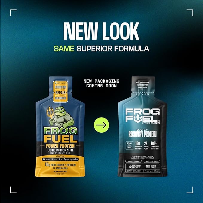 Frog Fuel Power Regular &amp Power Energized Complete Protein Shot Bundle 15g Protein Nano-Hydrolyzed Grass Fed Collagen Post Workout Fat &amp Sugar Free 22 Amino Acids Berry 1 oz Packets 48