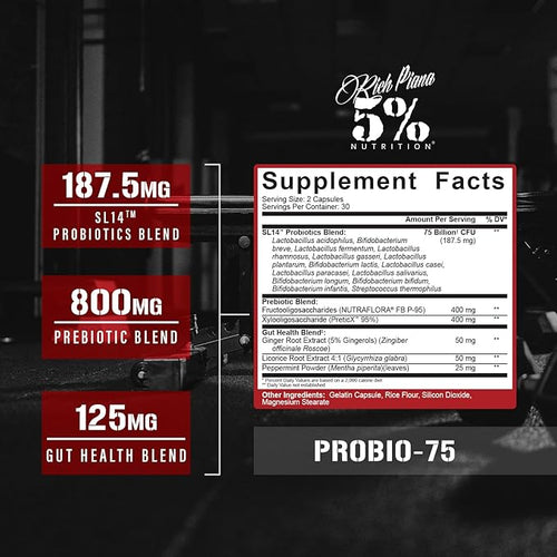 5% Nutrition Rich Piana Probio-75 Billion CFUs | Vegan 14 Unique Strains