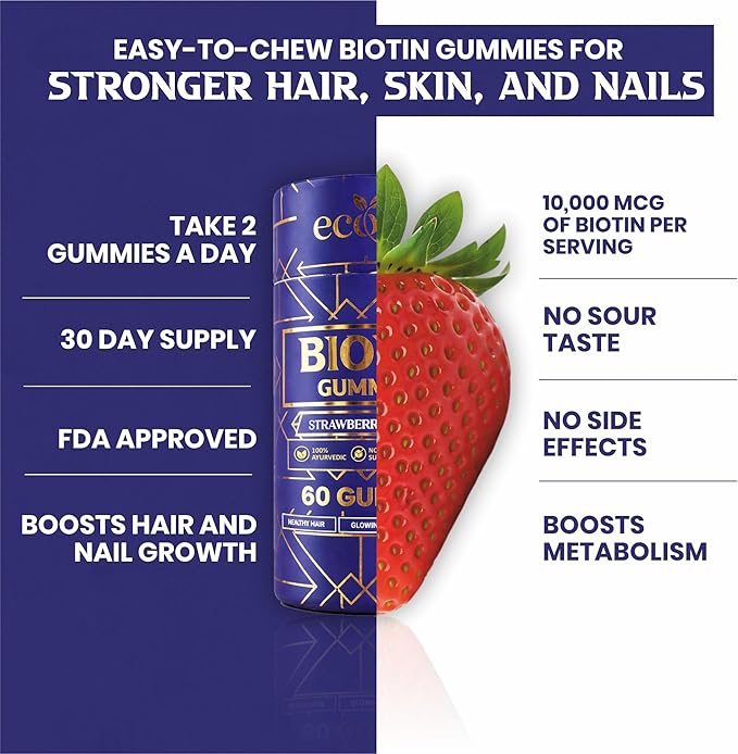 Biotin Gummies for Hair Strawberry Flavor 60 Count with Vitamin A C E Fibre and Zinc No Added Sugar 100% Vegan Gluten Free