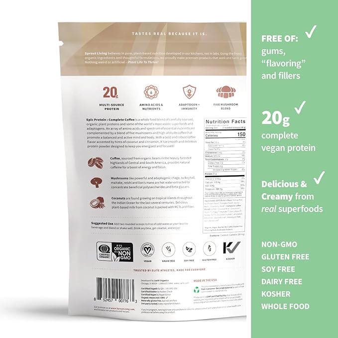 Sprout Living Epic Protein Bundle - Chocolate Maca &amp Complete Coffee (20g Organic Plant-Based Protein Powder Vegan Gluten Free Superfoods) | 1lb 12 Servings
