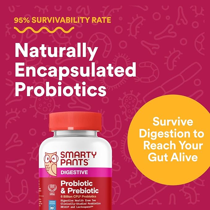 SmartyPants Adult Probiotic &amp Prebiotic Gummies for Digestive Health: 6 Billion CFU Gut Health Supplement Clinically Studied Prebiotic for Immune Support Grape 60 Count (30 Day Supply)