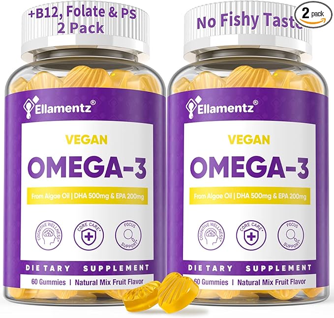 Vegan Omega-3 Gummies 900mg from Algae Oil - Fish Oil Alternative with DHA 500mg &amp EPA 200mg Vitamin B12 Folate &amp PS - Supports Brain Immune &amp Eye Health - Sugar-Free 120 Count