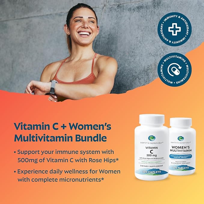 Earth's Splendor Women's Multivitamin &amp Immune Support – Supports Overall Wellness Metabolism Antioxidant Health with Vitamin B12 C D Biotin Rose Hips – Gluten-Free No Artificial Colors