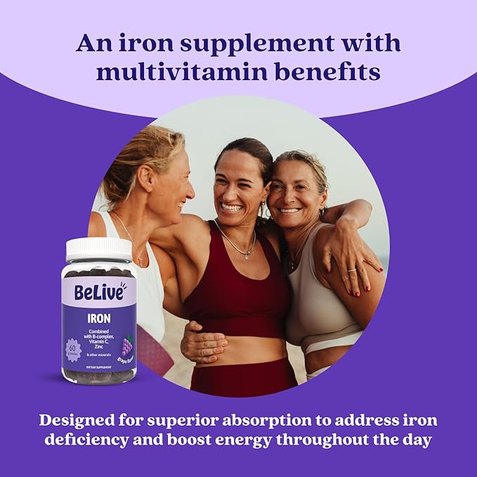 BeLive Iron Gummies - Multivitamin Iron Supplement with Vitamin C A B &amp Zinc Supports Blood Oxygen Vegan Supplements for Women Men &amp Kids for Growth and Development - Grape Flavor | 3-Pac