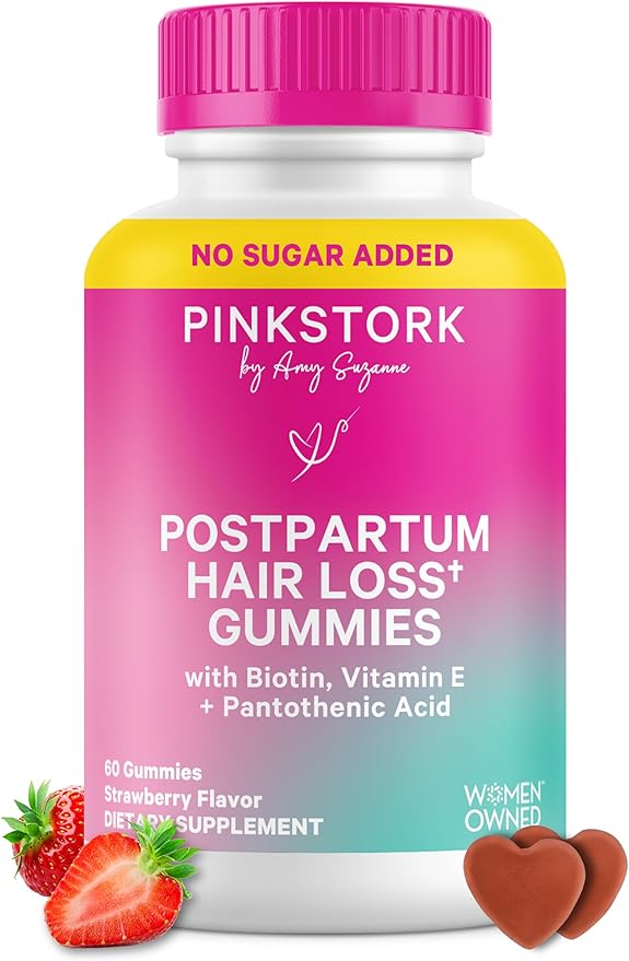 Pink Stork Postpartum Hair Loss Gummies | Biotin Pantothenic Acid Vitamin E B6 B12 | Postnatal Hair Growth + Regrowth Support | Breastfeeding-Friendly | Postpartum Essentials | 60 Gummies