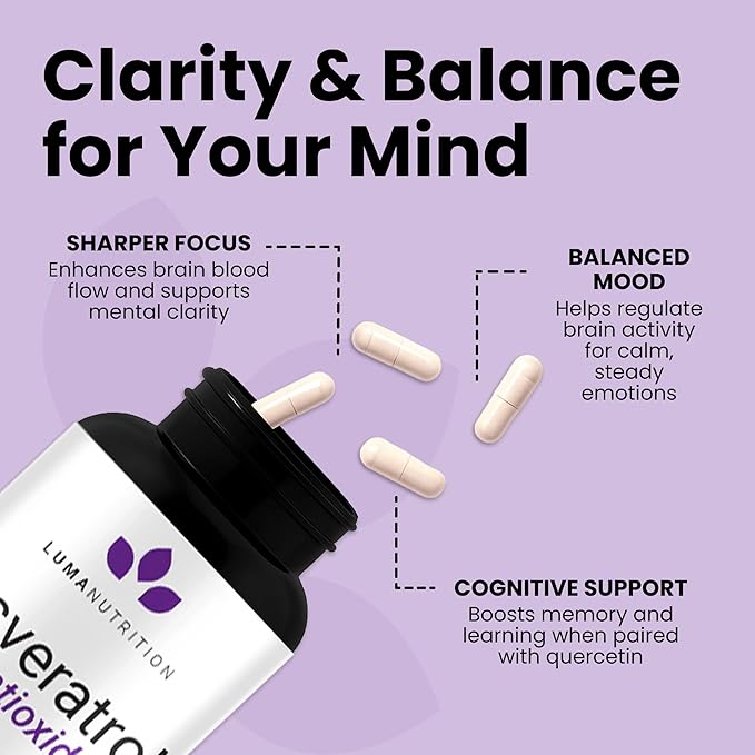Luma Nutrition High Purity Resveratrol Supplement - 98% Trans-Resveratrol - Antioxidant - Resveratrol Capsules - Vegan &amp Gluten-Free - 60 Capsules