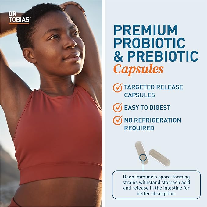 Dr. Tobias Deep Immune Probiotics &amp Prebiotics - Dual Action Digestion &amp Immune Support with PreforPro Prebiotics &amp Delayed Release Spore Forming Probiotics for Women &amp Men - 60 Capsul