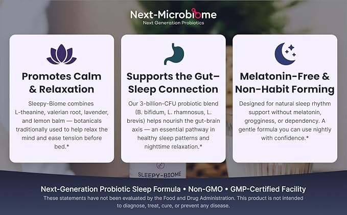 Sleepy-Biome – Melatonin-Free Probiotic Sleep Formula with GABA L-Theanine 5-HTP Valerian Lavender Lemon Balm &amp Ashwagandha – Gut-Brain Axis Support for Calm Restorative Sleep – 60 Capsules