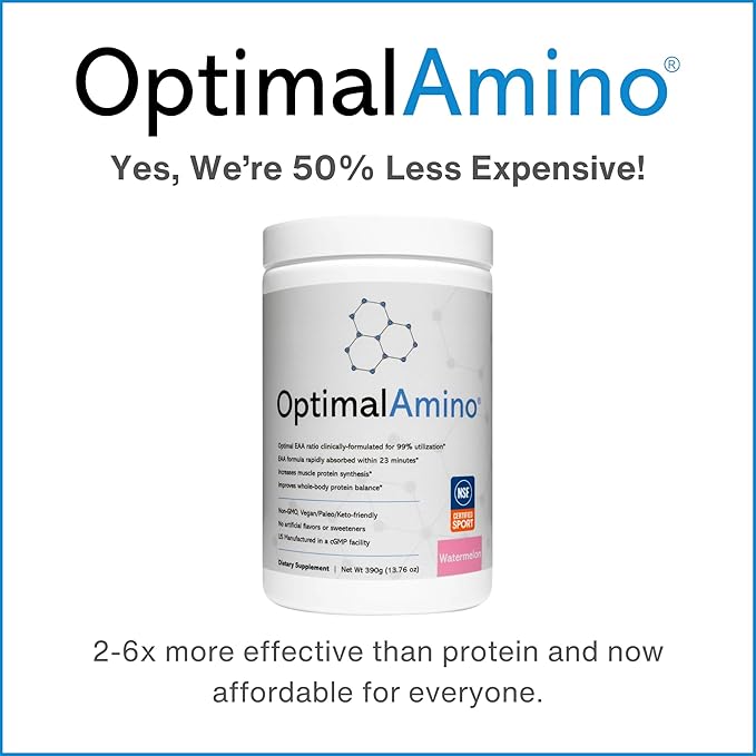 OptimalAmino Amino Acid Powder | 99% Utilized Essential Amino Acid (EAA) Supplement | Pre/Post Workout &amp Muscle Recovery | NSF for Sport Certified | Watermelon Flavor