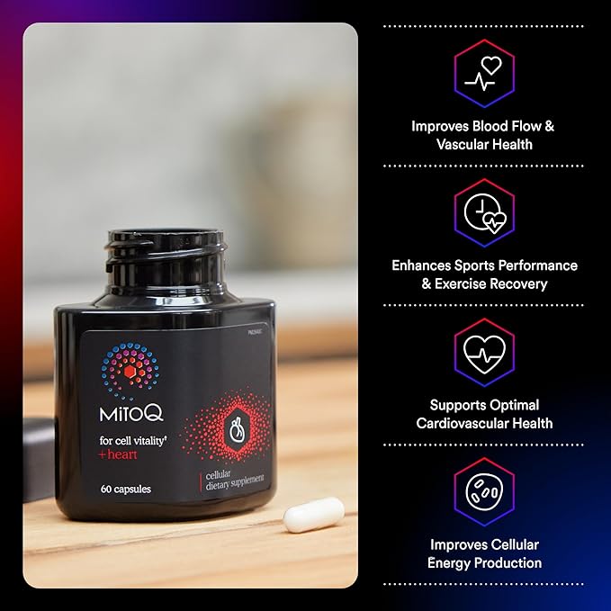 MitoQ +Heart Premium CoQ10 Antioxidant - Contains Mitoquinol Mesylate Magnesium L-Carnitine &amp Vitamin D3 - Supports Cardiovascular and Circulatory Health &amp Cell Vitality (60 Capsules)