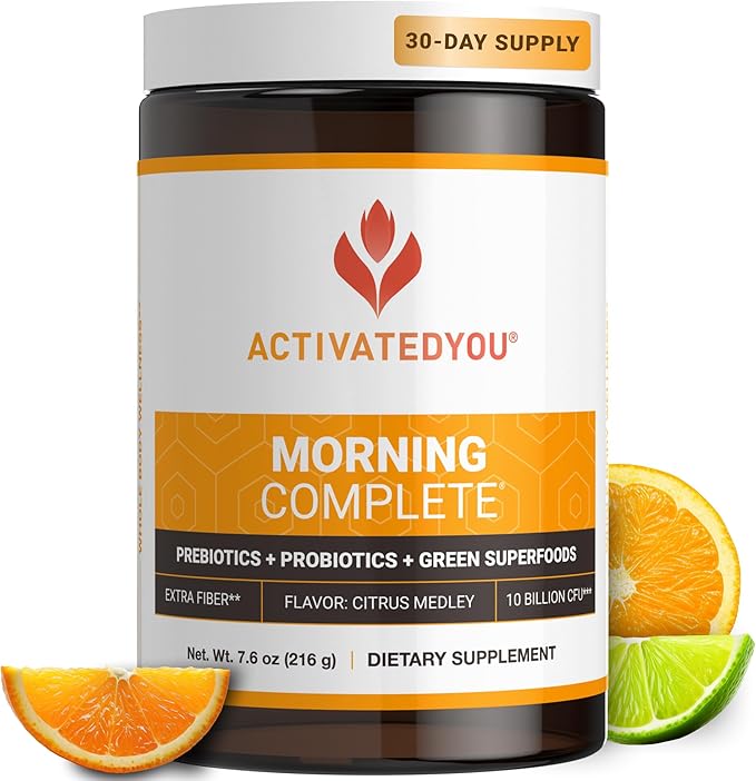 ACTIVATEDYOU Morning Complete Daily Wellness Greens Superfood Drink Mix for Gut Health w/Prebiotics Probiotics Antioxidants Green Superfoods 10 Billion CFUs 30 Servings (Citrus)