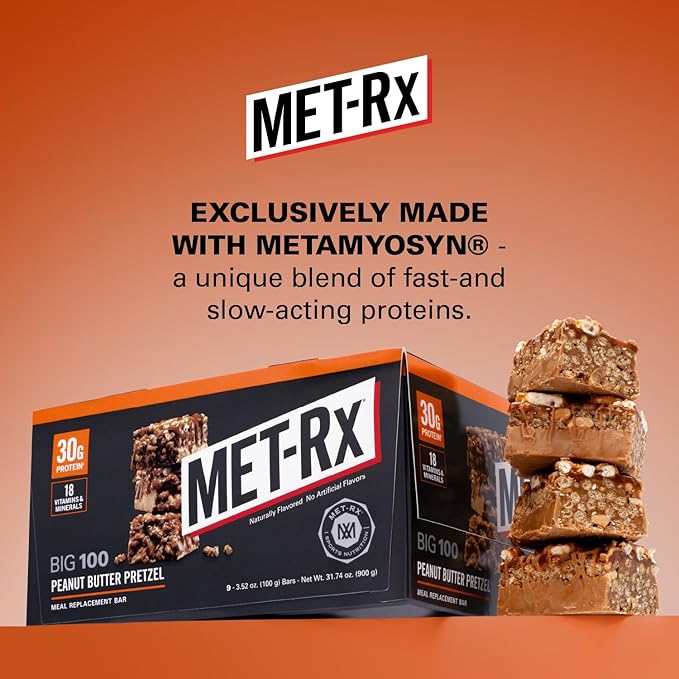 MET-Rx Big 100 Colossal Protein Bars Great as Healthy Meal Replacement Snack and Help Support Energy Peanut Butter Pretzel With Vitamin A Vitamin C and Zinc 100 g (Pack of 9)