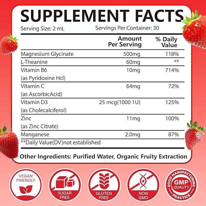 Magnesium Glycinate Liquid Drops Supplement - Vegan GMO Free Gluten Free for Muscle &amp Bone Health Support (Strawberry 60ml) 2 Pack