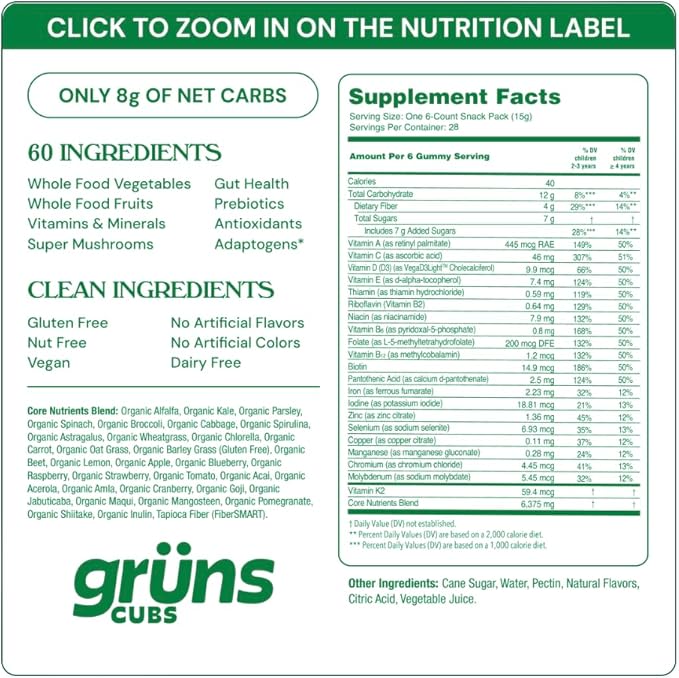 Gruns Adult + Kids Superfood Green Bundle Nutritional Supplement 2-Pack (28 Day Supply) multivitamin Gummy + prebiotics + Greens Powders 60+ Organic Ingredients 20+ Vitamins and Minerals