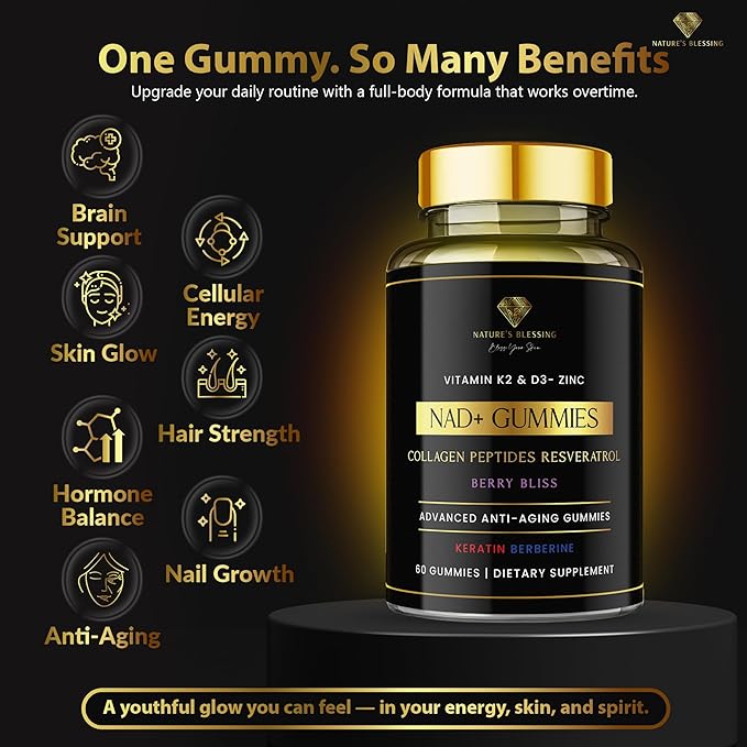 Nature's Blessing NAD+ Anti-Aging Gummies – Boost Cellular Repair Brain Clarity &amp Radiant Skin – with Biotin Collagen Resveratrol Vitamin D3 K2 Zinc &amp Keratin – Delicious Berry Bliss