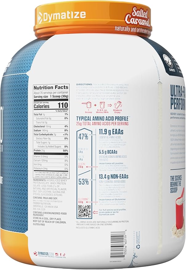 Dymatize ISO100 Whey Protein Powder Isolate Salted Caramel 25g of Protein 5.5g BCAAs Less Than 120 Cal. Gluten Free 1g Fat 1g Sugar 2g Carb (20 Servings)