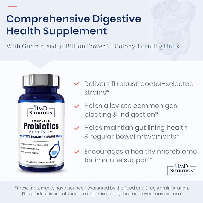 1MD Complete Probiotics Platinum | Supports Digestive Health | with Nourishing Prebiotics 51 Billion Live CFU 11 Strains Dairy-Free | 30 Vegetable Capsules (3-Pack)