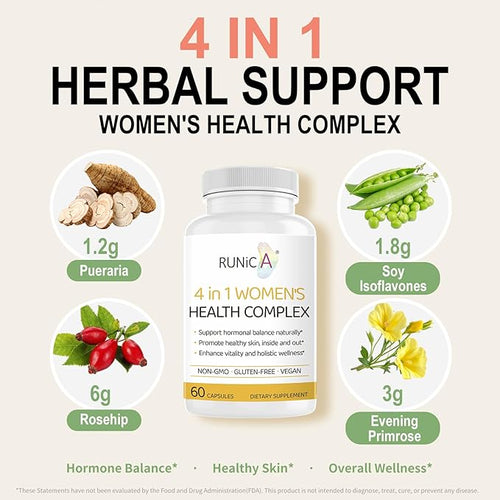 4-in-1 Women’s Hormonal Balance Complex Supplement | Rosehip Pueraria &amp Evening Primrose with Soy Isoflavones | Menstrual Cycle Menopause Energy Level &amp Healthy Skin Support