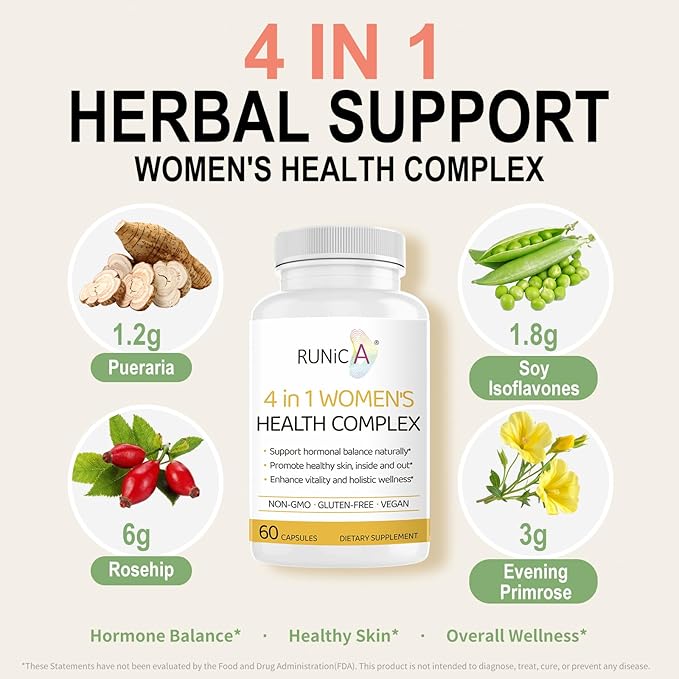 4in1 Women's Hormone &amp Beauty Complex | Menopause Relief Supplement for Hot Flashes Night Sweats &amp Mood | Soy Isoflavones Pueraria Rosehip &amp Evening Primrose - 60-Day Routine Bundle
