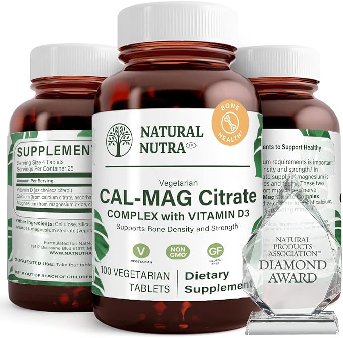 Natural Nutra Cal-Mag Citrate with Vitamin D31000/500 mg Complex Strengthen Bone Density Muscle and Nerve Health Help Maintain Healthy Teeth Highly Bioavailable Sources 100 Vegan Tablets