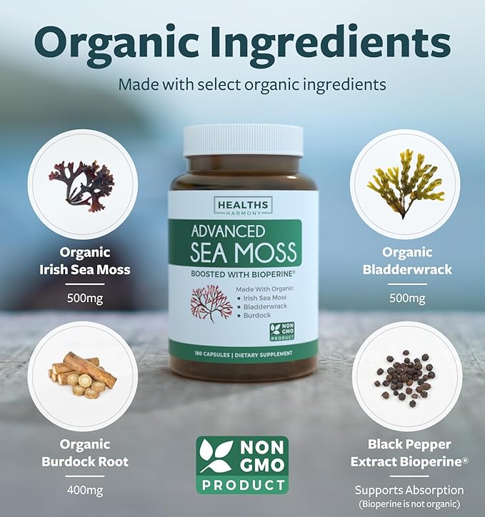 Irish Sea Moss &amp Omega 7 (3-Month Supply) Sea Omega Combo Bundle - Organic Irish Sea Moss - Raw Vegan Supplement (180 Caps) &amp Omega 7 Softgels - Provinal Sustainable Peruvian Anchovy Fish Oil
