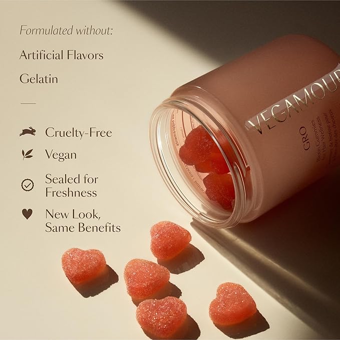 VEGAMOUR GRO Biotin Gummies Strawberry Flavor with 5000 mcg Biotin Supports Healthy Hair Vegan Gummies with Vitamins A B C E B-12 &amp More 30 Ct (Pack of 2)