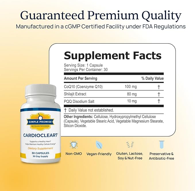 Simple Promise CardioClear7 - Coenzyme Q10 (CoQ10) 100mg and PQQ 10mg Heart Health Supplement with Shilajit - Supports Circulation Cellular Energy &amp Cardiovascular Health - 30 Capsules