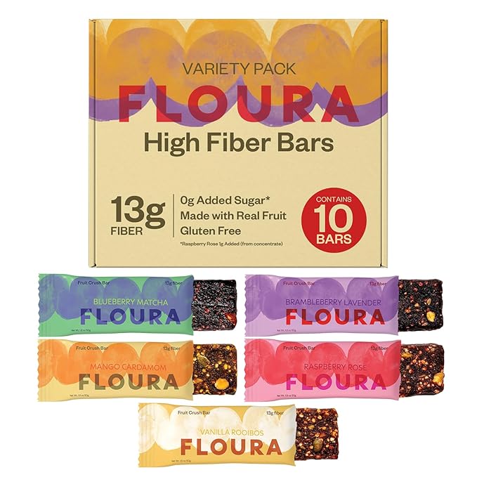 Floura Variety Pack Fruit-Forward Fiber Bars– High Fiber Vegan Gluten &amp Dairy Free Low Calorie Healthy Snack Bars with Upcycled Produce for Gut Health [10 Pack- 2 of Each Flavor]