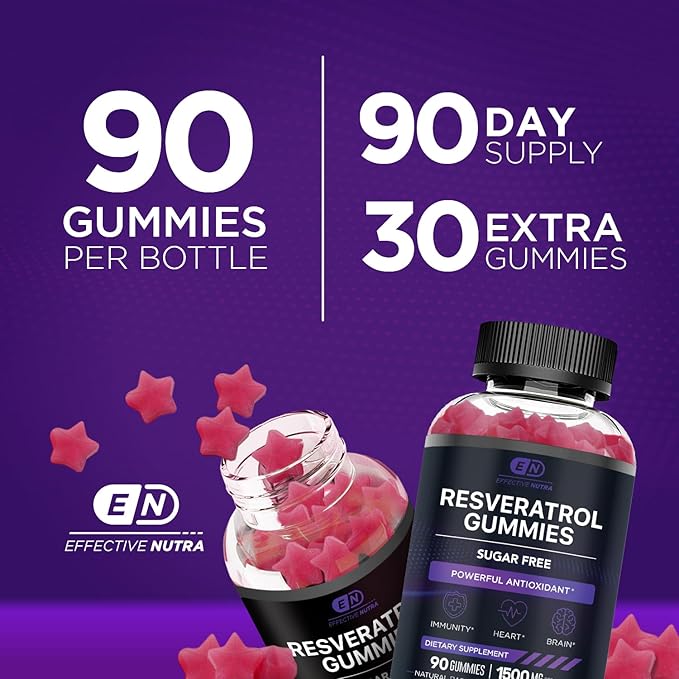 EFFECTIVE NUTRA Resveratrol Gummies 1500mg | Sugar-Free Supplement for Antioxidant Support Immunity Heart Health and Brain Function | 45-Day Supply Natural Berry Flavor Made in USA (90 Count)