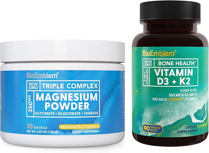 BioEmblem Vitamin D3 K2 Capsules and Triple Magnesium Powder Drink