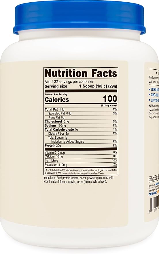 Nutricost Beef Protein Isolate Powder Chocolate (2 Pounds) - 20 Grams Protein Per Serving GMO-Free + Gluten-Free