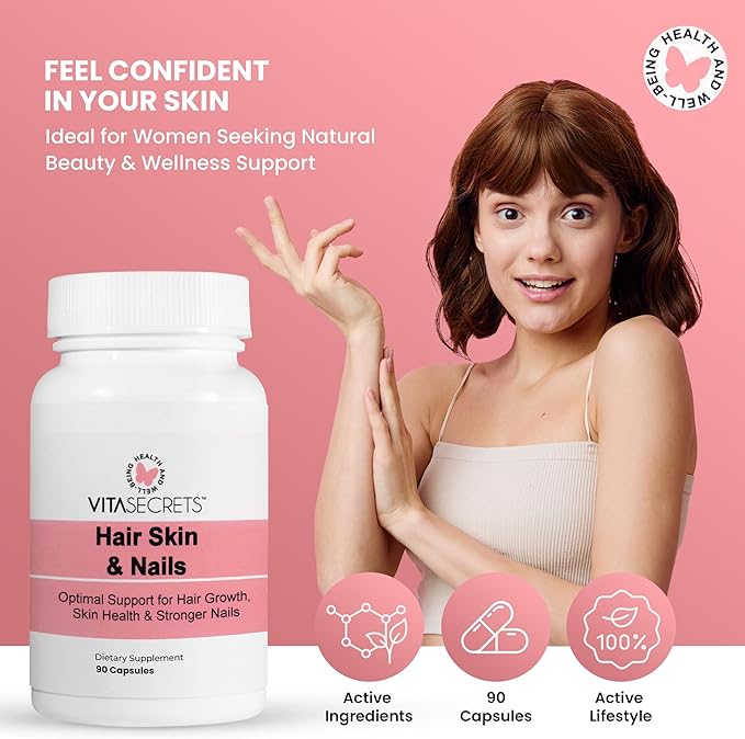Vitasecrets Hair Skin &amp Nails Super Blend – 90 Capsules with Biotin Collagen and Hyaluronic Acid for Healthy Hair Glowing Skin and Stronger Nails – Non-GMO Gluten-Free Made in The USA