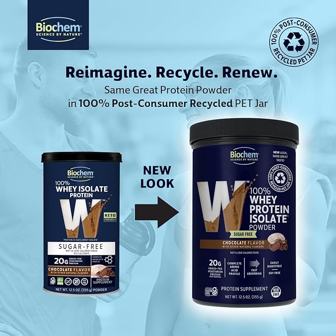 Biochem 100% Whey Sugar-Free Chocolate 20g 12.5oz Certified Vegetarian Gluten Free Non-GMO Tested Keto Friendly Grass-Fed