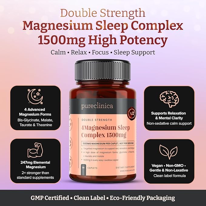 Double Strength Magnesium Sleep Complex 1500mg x 90 Caplets – 247mg Elemental Magnesium – Bis-Glycinate Malate L-Taurate &amp L-Theanine - 3 Months Supply