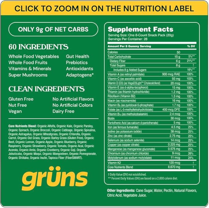 Gruns Adult + Kids Superfood Green Bundle Nutritional Supplement 2-Pack (28 Day Supply) multivitamin Gummy + prebiotics + Greens Powders 60+ Organic Ingredients 20+ Vitamins and Minerals