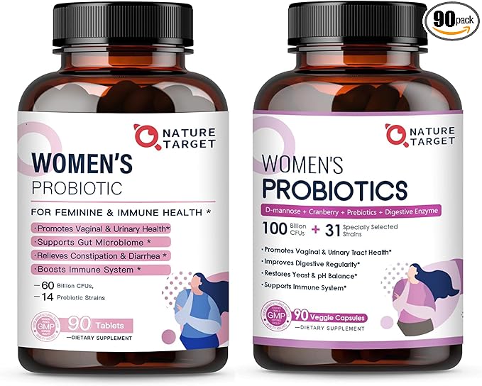 NATURE TARGET Women's Probiotics &amp Prebiotics Cranberry &amp D-Mannose 50-Billion-CFUs Organic Probiotics for Digestive Health/Gut Health/Immune Booster/Weight Management