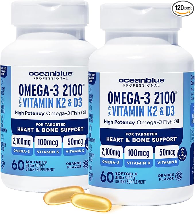 Oceanblue Professional Omega-3 2100 with Vitamin K2 and Vitamin D3-60 Count 2 Pack - Triple Strength Burpless Fish Oil Supplement with EPA DHA &amp DPA - Wild Caught - Orange Flavor - 60 Servings