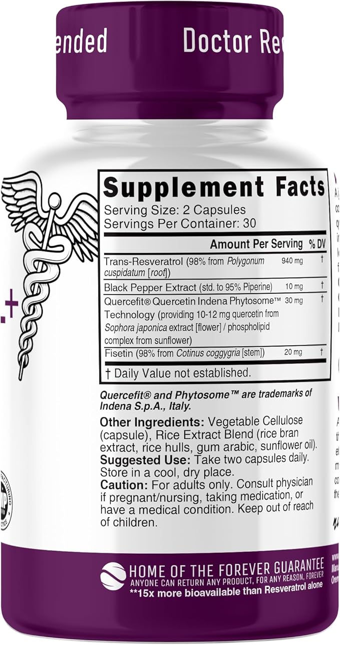 Nutri Resveratrol Supplement 1000mg (Ultra High Purity Trans-Resveratrol) - 15x More Bioavailable with Liposomal Quercetin and Fisetin - Antioxidant Longevity Organic Piperine - 60 Vegan Capsules
