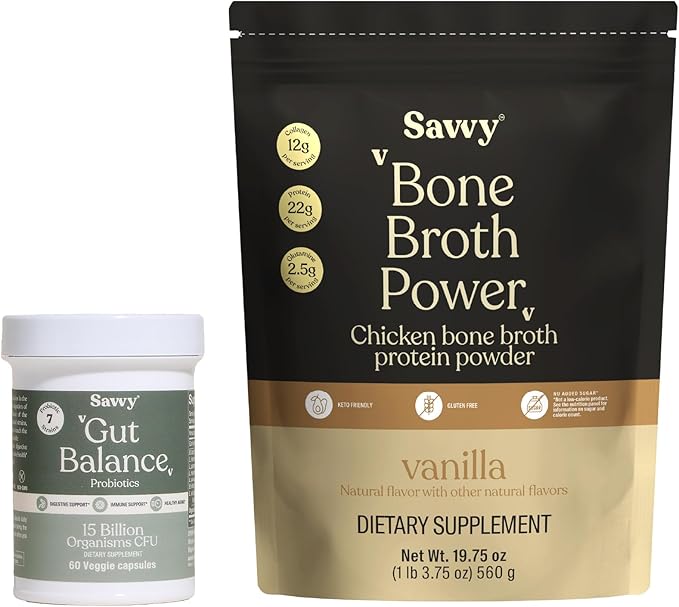 SAVVY Bone Broth Power Vanilla Protein Powder 22g Protein 12g Collagen &amp Gut Balance Probiotics for Women &amp Men 15 Billion CFU 7 Clinically Studied Strains Digestive Health Immune Suppor