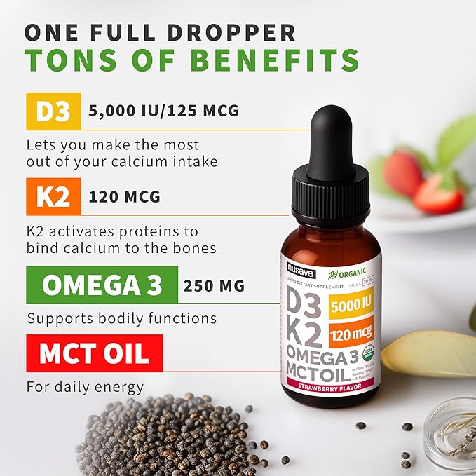 (4 Pack) Organic Vitamin D3 K2 Drops with MCT Oil Omega 3 5000 IU - Maximum Strength Vitamin D Liquid No Fillers Non-GMO Liquid D3 for Faster Absorption and Immune Support (Strawberry 4 Fl Oz)