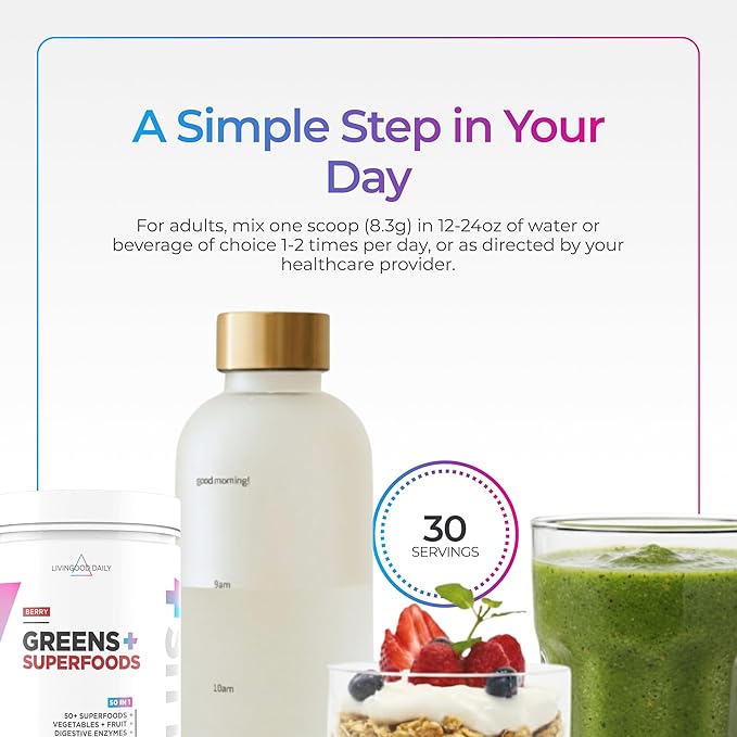 Livingood Daily Greens &amp Superfood Powder Super Greens for Gut Health Green Juice Powder with Spirulina Chlorella and Digestive Enzymes Probiotics for Digestive Support Berry 30 Servings