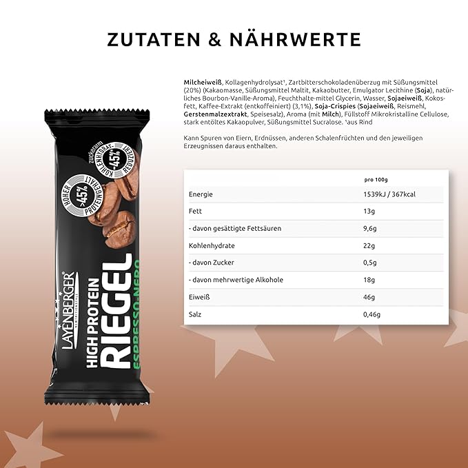 Layenberger High Protein Bar Fitness Power Bar Lots of Protein Low Sugar Pack of 18 (18 x 35 g) - Espresso-Nero