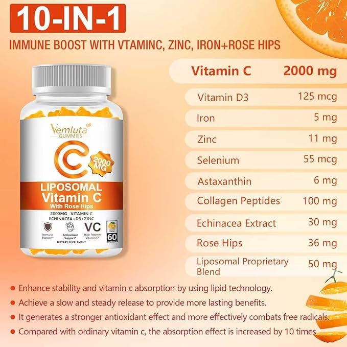 2 Pack Liposomal Vitamin C 2000mg Gummies Complex Rose HIPS with D3 5000IUElderberry EchinaceaIron &amp Zinc for Adults Kids ImmuneAntioxidant &amp Collagen SupportOrange Flavor 120Count