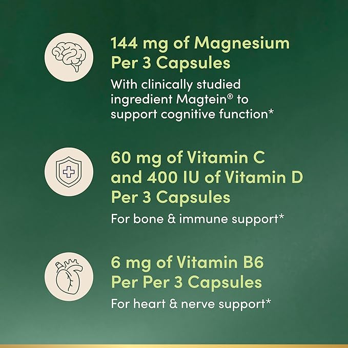 Nature’s Bounty Magnesium L-Threonate – Advanced Magnesium Supplement with Vitamin C Vitamin D3 and Vitamin B6 – Supports Brain Health Energy Nerve &amp Immune Support Supplement – 90 Capsules