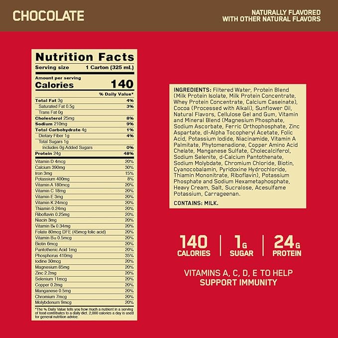 Muscle Milk Zero Protein Shake Chocolate 20g Protein 12 Pack + Optimum Nutrition Gold Standard Protein Shake Chocolate 24g Protein 12 Count