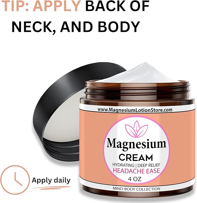 Magnesium Cream for Headache Migraines Muscle Soreness Cramps Relief with Shea Butter Coconut Oil Aloe Vitamin E - Magnesium Cream for Calm &amp Relaxation - Peperminty Scent - 4fl oz - USA Mad