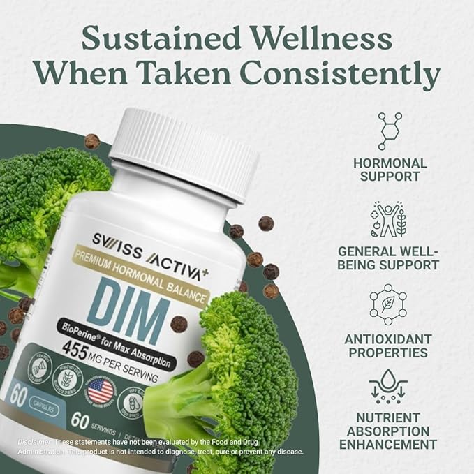 Swiss Activa+ Labs DIM Supplement – Hormone Balance for Women &amp Men – Estrogen Supplement for Women and Men– Supports Hormonal Acne &amp Menopause Symptoms| Gluten Free Non-GMO &amp Vegan – 60