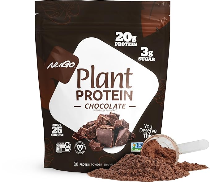 NuGo Slim Dark Chocolate Crunchy Peanut Butter 17g Vegan Protein 3g Sugar 12 Count and NuGo Plant Protein Powder 20g Protein 3g Sugar 25 Servings