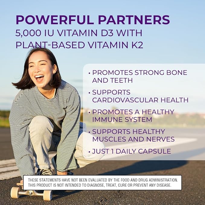 Body Kitchen Vegan Plant-Based Vitamin D3 + K2 (MK7) Supplement Bone and Heart Health Non-GMO 5000 IU Vitamin D &amp 180 mcg Vitamin K2 MK-7 Easy to Swallow Veggie Caps 60 Count