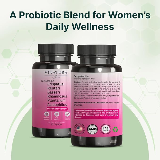 VINATURA Lactobacillus Rhamnosus Reuteri Gasseri Plantarum Crispatus Acidophilus Probiotics - Probiotics for Women *USA Made &amp Tested* Women Vaginal Health Gut and Digestive Health - 30 Caps